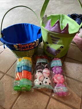 Happy Easter Blue Woven Basket & Green Dino basket with 3 packs of eggs